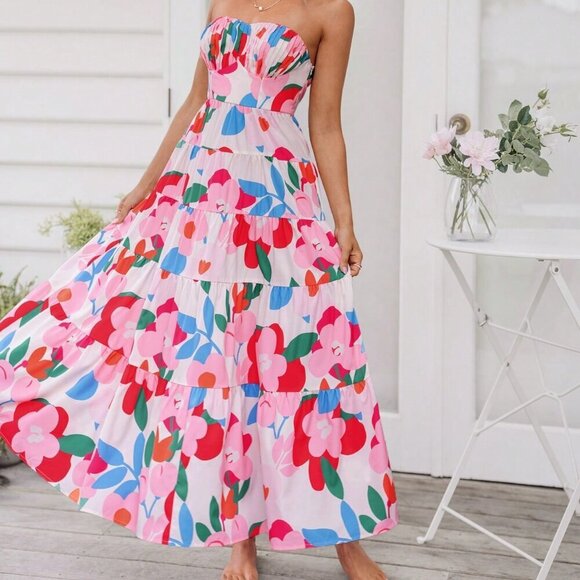 Pink Casual Women's Woven Printed Strap Dress - Picture 4 of 6